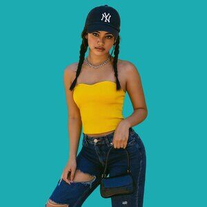 💛 ReVamped Yellow Ribbed Strapless Tube Top (XXS/XS)